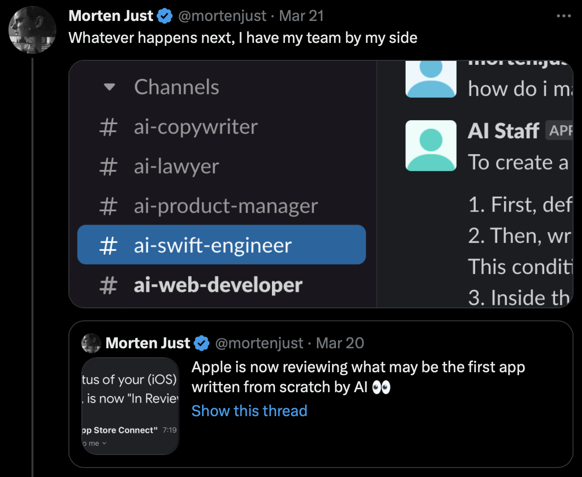 Morten Just tweeted about his Slack-based AI team