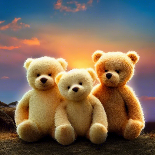Three teddybears watching a sunset together